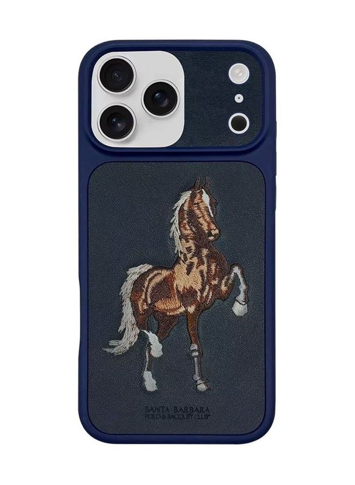 Boris Series Horse Embroidery Phone Case for iPhone 17 Pro Max – Shockproof, Premium Pleather  TPU, Anti-Slip Grip, Raised Edges for Screen  Camera Protection, Scratch-Resistant, Lightweight  Slim Design – Navy Blue - Image 1